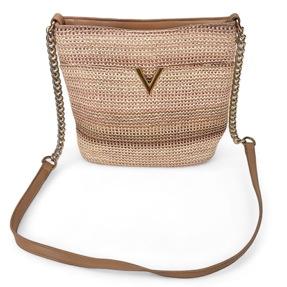 Crossi Woven Striped Faux Wicker Leather Gold Tone Chain Strap Crossbody Purse